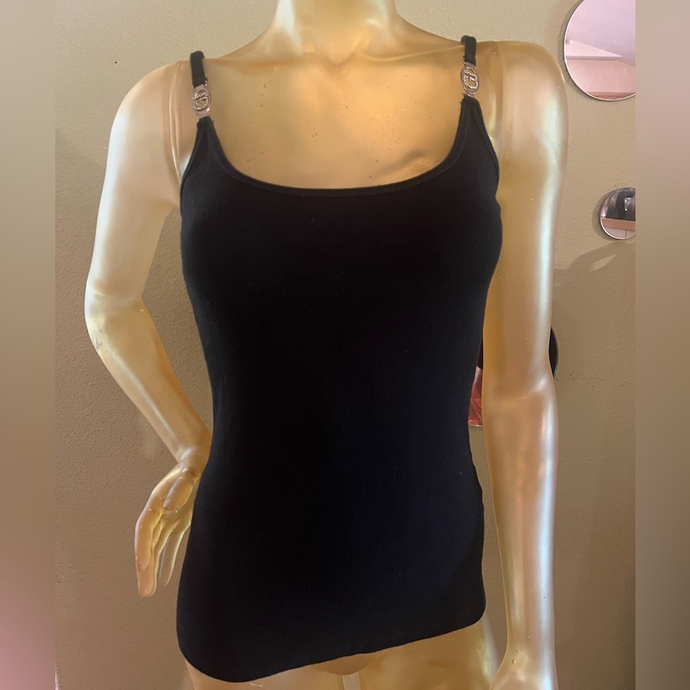 Vintage Y2K Guess Jeans Black Ribbed Tank Top W/ Rhinestone GJ Monogram.